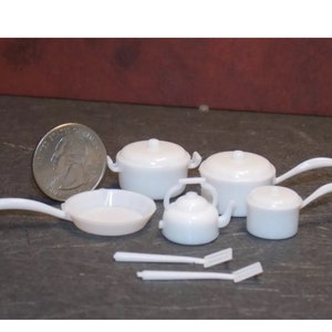 Dollhouse Miniature White Cookware Set Pots Pans 1:12 scale E192 Dollys Gallery