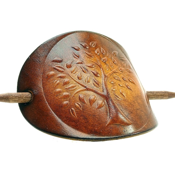 Leather Hair slide - Barrette OX Antique Life Tree - Vickys World - Hair clip