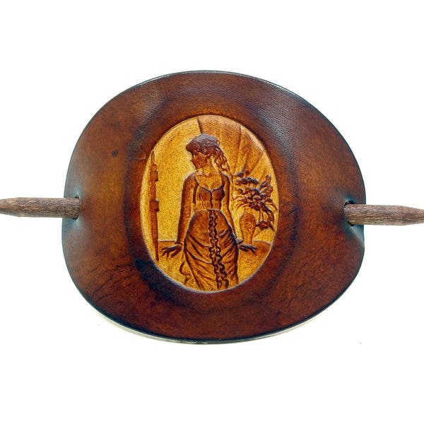 Leather Hair slide - Barrette OX Antique Cameo Dorothea - Vickys World - Hair clip