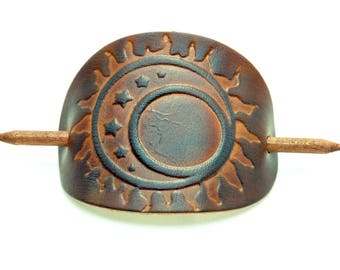 Barrette OX Maroon Sun Moon & Stars - Leather Hair slide