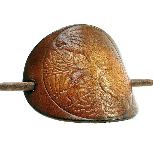 Leather Hair slide - Barrette OX Antique Dragon Tribal - Vickys World - Hair clip