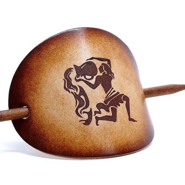 Leather Hair slide - Zodiac sign aquarius - Vickys World - Hair clip leather