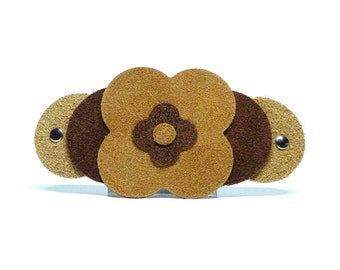 Leather hair clip with French clip - Barrette - Raw OX French Flower Light - Vickys World - 8.5 cm