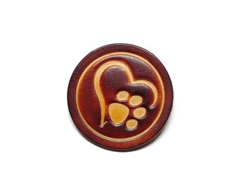 Leather Patch - Sew-on Patch - OX Antique - Paw Love - DIY Patches by Vickys World - Real Cowhide Leather - Round 60 mm