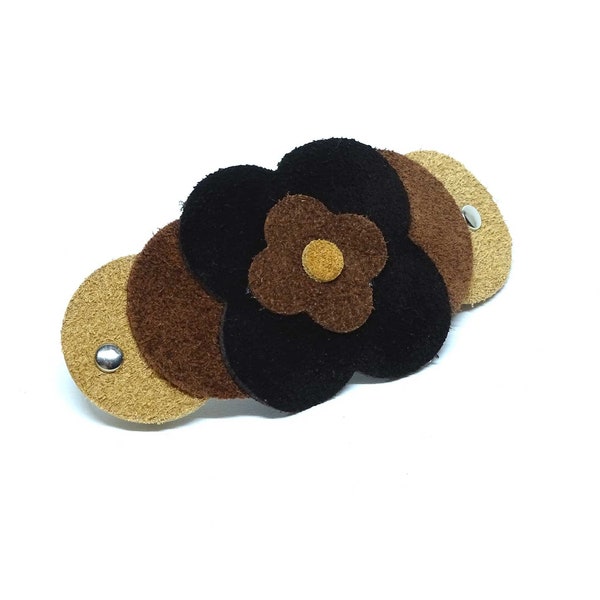 Leather hair clip with French clamp - Barrette – Raw OX French Flower Dark – Vickys World - 8,5 cm