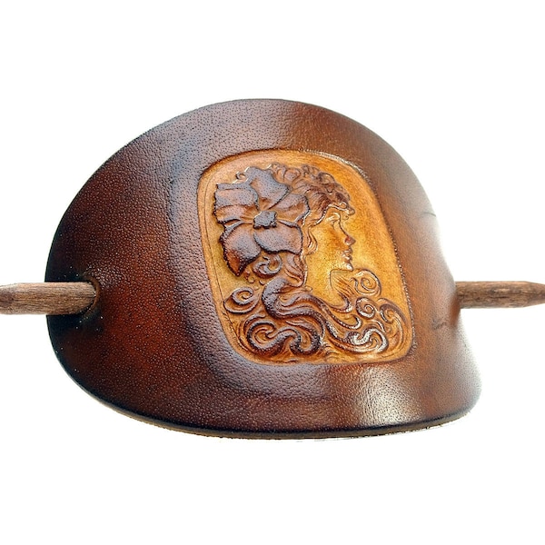 Leather Hair slide - Barrette OX Antique Cameo Sophia - Vickys World - Hair clip