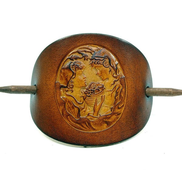 Leather Hair slide - Barrette OX Antique Cameo Estelle & Colette - Vickys World - Hair clip