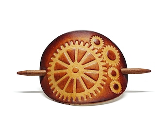 Leather Hair Clip - Gears Steampunk Hair Clip - OX Antique Lion - Gears 2 – Vickys World