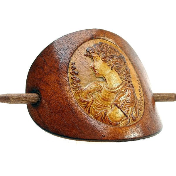 Leather Hair slide - Barrette OX Antique Cameo Sieglinde - Vickys World - Hair clip