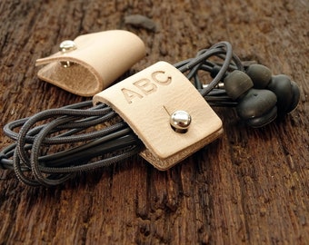 3 x cable organizer cowhide including text embossing with 3 characters - 14 colors to choose from