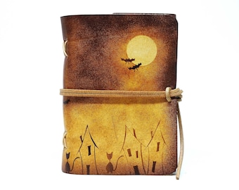 Unique leather book diary notebook leather - soft OX Antique Lion - Kitty Nightlife in town - A6 - 400 pages - Vickys World