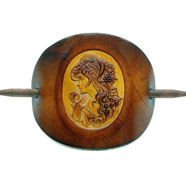 Leather Hair slide - Barrette OX Antique Cameo Anna - Vickys World - Hair clip