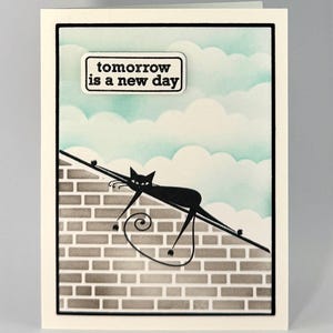 carte d'encouragement | « Demain est un nouveau jour » | fait main chat sur le mur | Note édifiante avec enveloppe