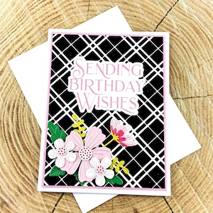 Carte de joyeux anniversaire faite main, carte d'anniversaire florale, carte d'anniversaire faite main, carte d'anniversaire à carreaux noirs, belle carte d'anniversaire unique