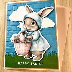 Carte de Pâques faite main - Lapin vintage avec panier