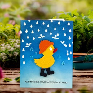 Carte faite main de pluie de canard - « Beau temps, mauvais temps, je pense à vous-même » - Joli message d'encouragement avec enveloppe