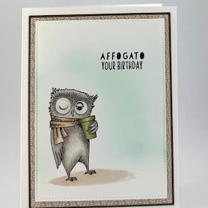 Carte d'anniversaire drôle de hibou | Carte de voeux de jeu de mots | « Affogato votre anniversaire » avec enveloppe
