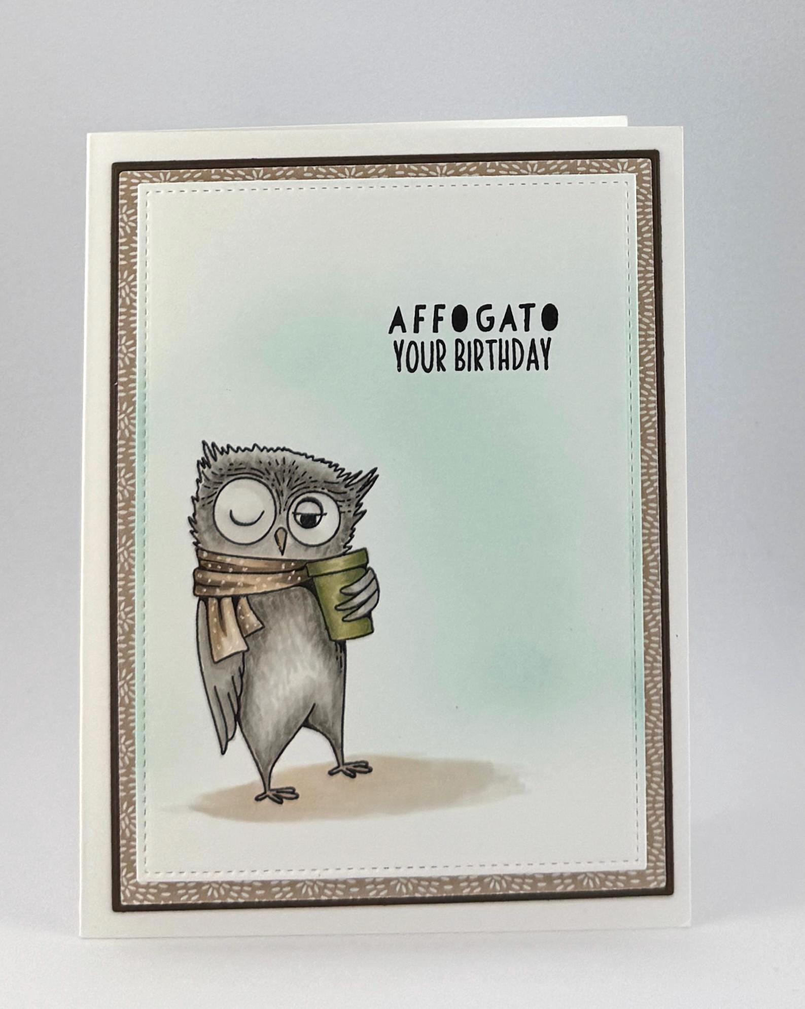 Funny Owl Birthday Card: Coffee Pun 'Affogato Your Birthday'
