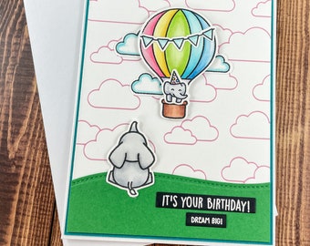 Hot Air Balloon Birthday Card, Handmade Greeting Card, Hot Air Balloon Card, Dream Big, Rainbow Balloon Card, Elephant Birthday Card