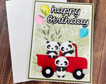 Panda Birthday Card, Happy Birthday Card, Red Truck Birthday Card, Boy's birthday, Girl's birthday, kid's birthday card, Handmade kids card