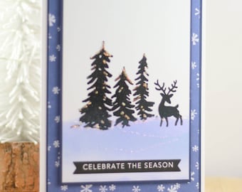 Christmas Card, Winter Scene Christmas Card, Handmade Christmas Card, Deer Holiday Card, One of a Kind Christmas Card, OOAK Christmas Card