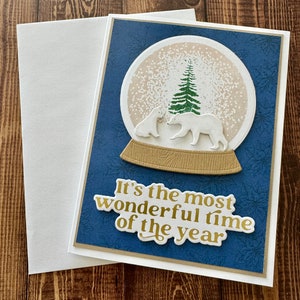 Carte de Noël ours polaire, carte de Noël boule à neige faite main,