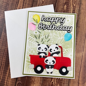 Carte d'anniversaire panda, carte de joyeux anniversaire, carte d'anniversaire de camion rouge, anniversaire de garçon, anniversaire de fille, carte d'anniversaire d'enfant, carte d'enfants faite main