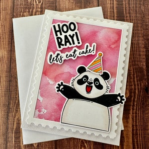 Carte d'anniversaire panda faite main, carte d'anniversaire d'enfant, carte d'anniversaire pour fille, carte d'anniversaire de garçon, carte d'anniversaire mignonne, carte noir et rose