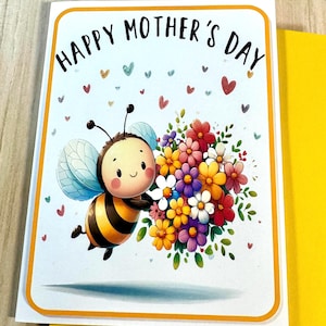 Cartão fofo com tema de abelha para o Dia das Mães – Cartão de felicitações feito à mão com flores – Feliz Dia das Mães