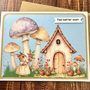 Adorable carte de rétablissement Woodland - Carte de voeux lunatique faite main avec une souris et des champignons