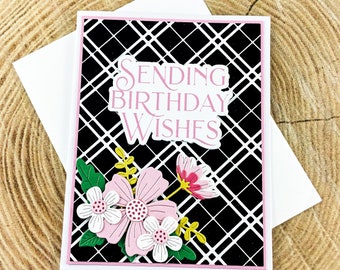 Handmade Happy Birthday Card, Floral Birthday Card, Handmade Birthday Card, Black Plaid Birthday Card, Unique Beautiful Birthday Card