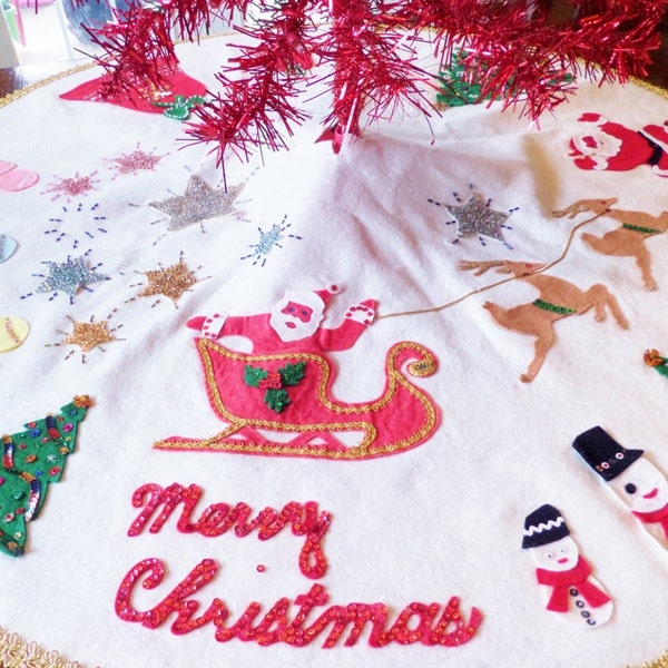 Large Vintage Felt Tree Skirt with Sequins - Mid Century Santa and Reindeer - Angels - Christmas Trees - 1960s