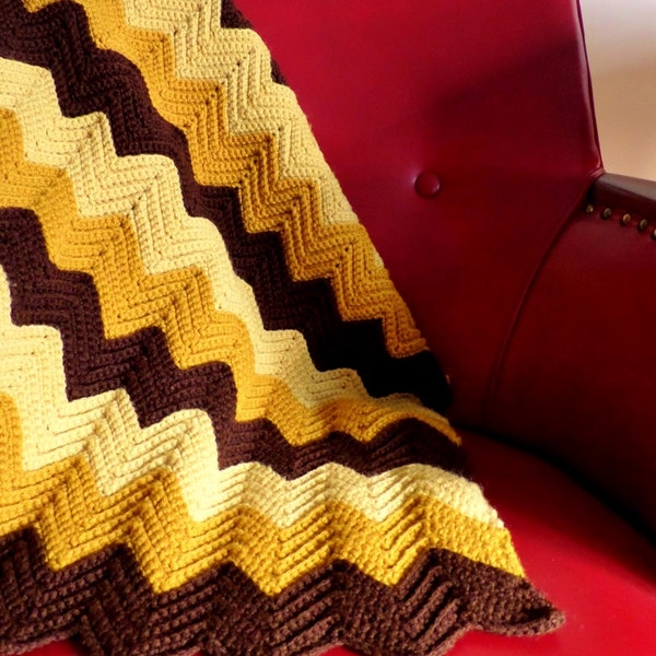 Retro 1970s Afghan - Zig Zag Pattern - Mid Century Modern - Hipster - Earth Tones - Brown, Mustard, Tan