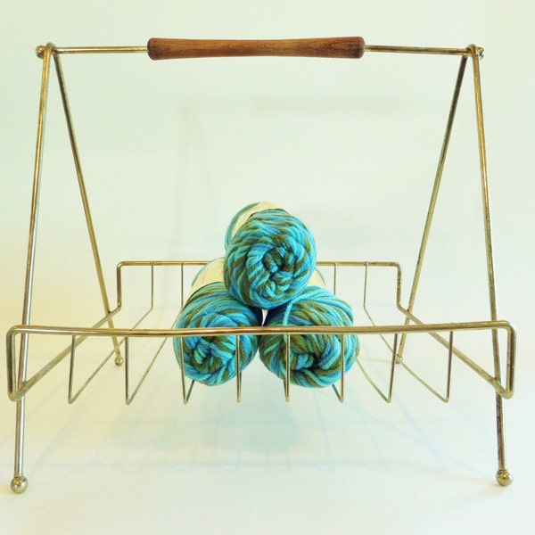 Mid Century Brass Wire Shelf Magazine Rack with Wood Handle - Retro Record Stand