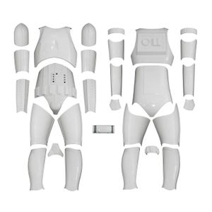 May include: A collection of white plastic armor components for a full-body suit, including chest plates, shoulder bells, arm guards, thigh pieces, shin guards, and a small cylindrical accessory, all arranged in a flat, organized layout.