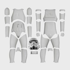 May include: A disassembled white Stormtrooper armor set, including helmet, chest, back, arm, leg, and waist pieces. The armor is arranged on a light gray background, showcasing the individual components of the iconic costume.
