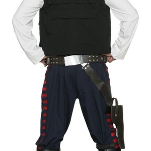 May include: A costume featuring a black vest, white long-sleeve shirt, and navy blue pants with red stripes. The outfit includes a brown belt, holster, and black boots. The costume is inspired by a science fiction character.
