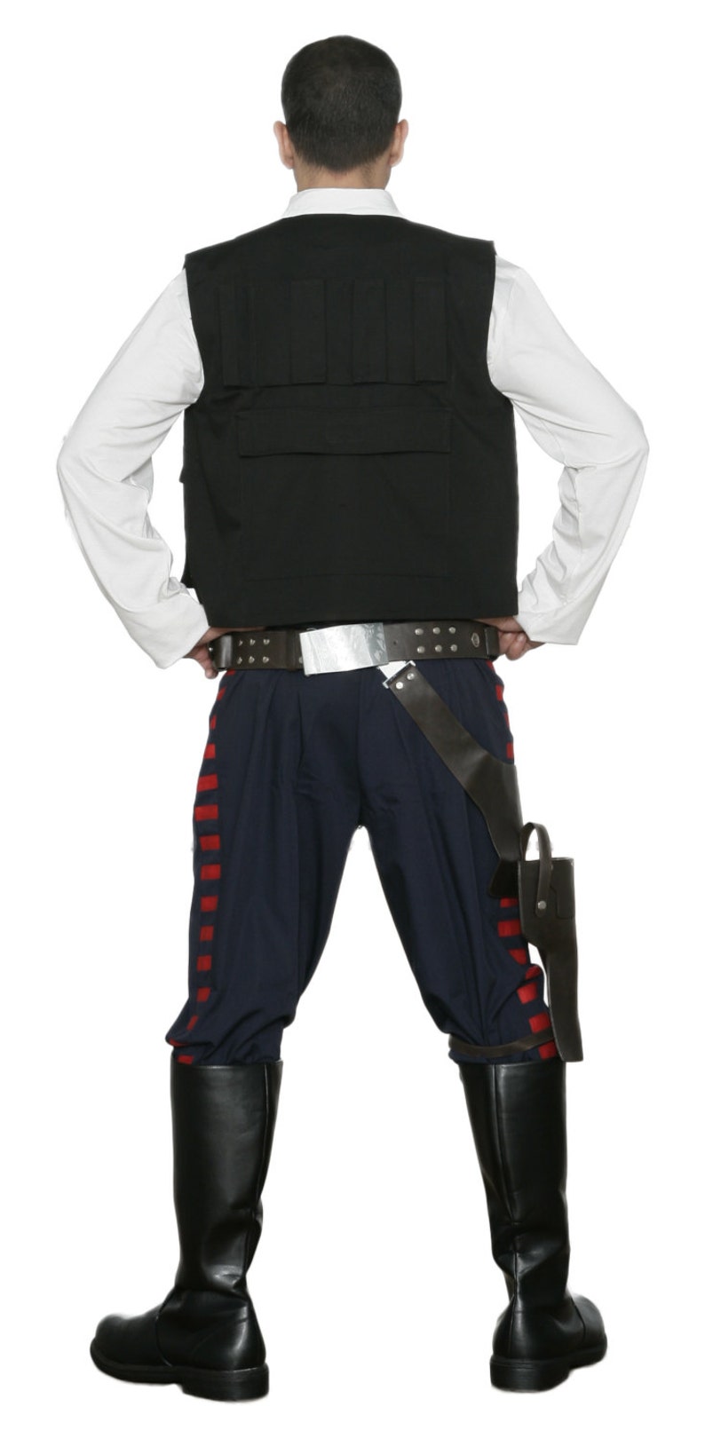 May include: A costume featuring a black vest, white long-sleeve shirt, and navy blue pants with red stripes. The outfit includes a brown belt, holster, and black boots. The costume is inspired by a science fiction character.