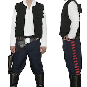 May include: A costume featuring a black vest with multiple pockets over a white shirt, paired with navy blue pants with red stripes and black boots. A brown belt with a silver buckle and a holster complete the look.