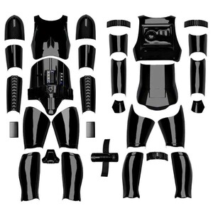 Può includere: Un set completo di componenti di armatura nero lucido per un costume integrale, inclusi pettorali, spallacci, pezzi per le braccia, protezioni per le gambe e vari segmenti protettivi più piccoli, tutti disposti in un layout piatto e ordinato.