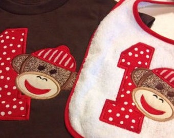 Sock monkey birthday t-shirt and matching bib