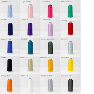 May include: Twenty spools of embroidery floss in various colors, including light blue, light pink, hot pink, kelly green, navy, purple, lavender, red, royal blue, teal, hunter green, mint, black, beige, goldenrod, yellow, orange, white, light gray, and dark gray. Each spool is labeled with a number.