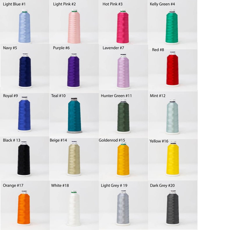 May include: Twenty spools of embroidery floss in various colors, including light blue, light pink, hot pink, kelly green, navy, purple, lavender, red, royal blue, teal, hunter green, mint, black, beige, goldenrod, yellow, orange, white, light gray, and dark gray. Each spool is labeled with a number.