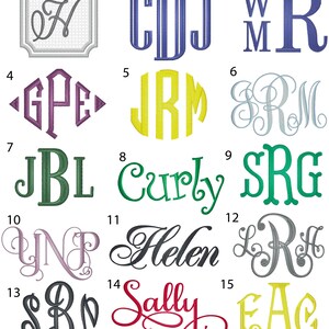 May include: A collection of 15 different monogram and name designs in various colors and styles. The designs are numbered 1 through 15.