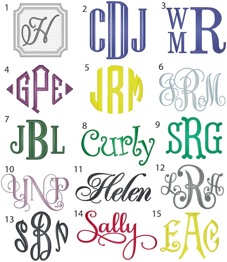 May include: A collection of 15 different monogram and name designs in various colors and styles. The designs are numbered 1 through 15.