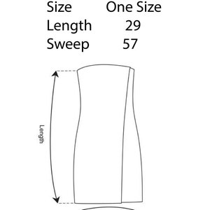 May include: A line drawing of a dress with measurements labeled "Length" and "Sweep". The dress is 29 inches long and has a 57 inch sweep.