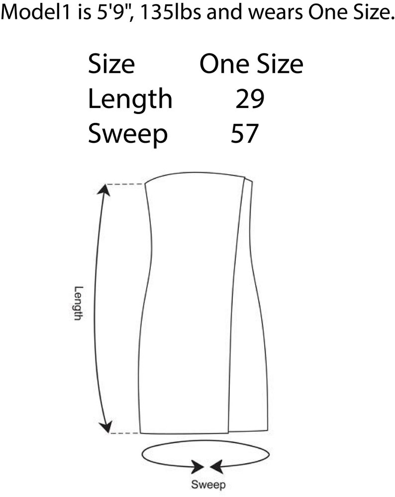 May include: A line drawing of a dress with measurements labeled "Length" and "Sweep". The dress is 29 inches long and has a 57 inch sweep.