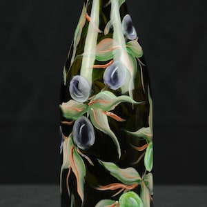 Hand Painted Tall Round Oil Bottle / Olives/Dark Brown Bottle