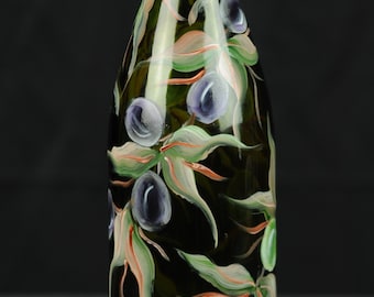 Hand Painted Tall Round Oil Bottle / Olives/ Amber-Green Bottle