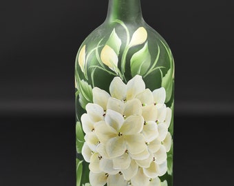 1.5 Ltr. Hand Painted Lighted Wine Bottle / Creamy White Hydrangea on Soft Green Bottle